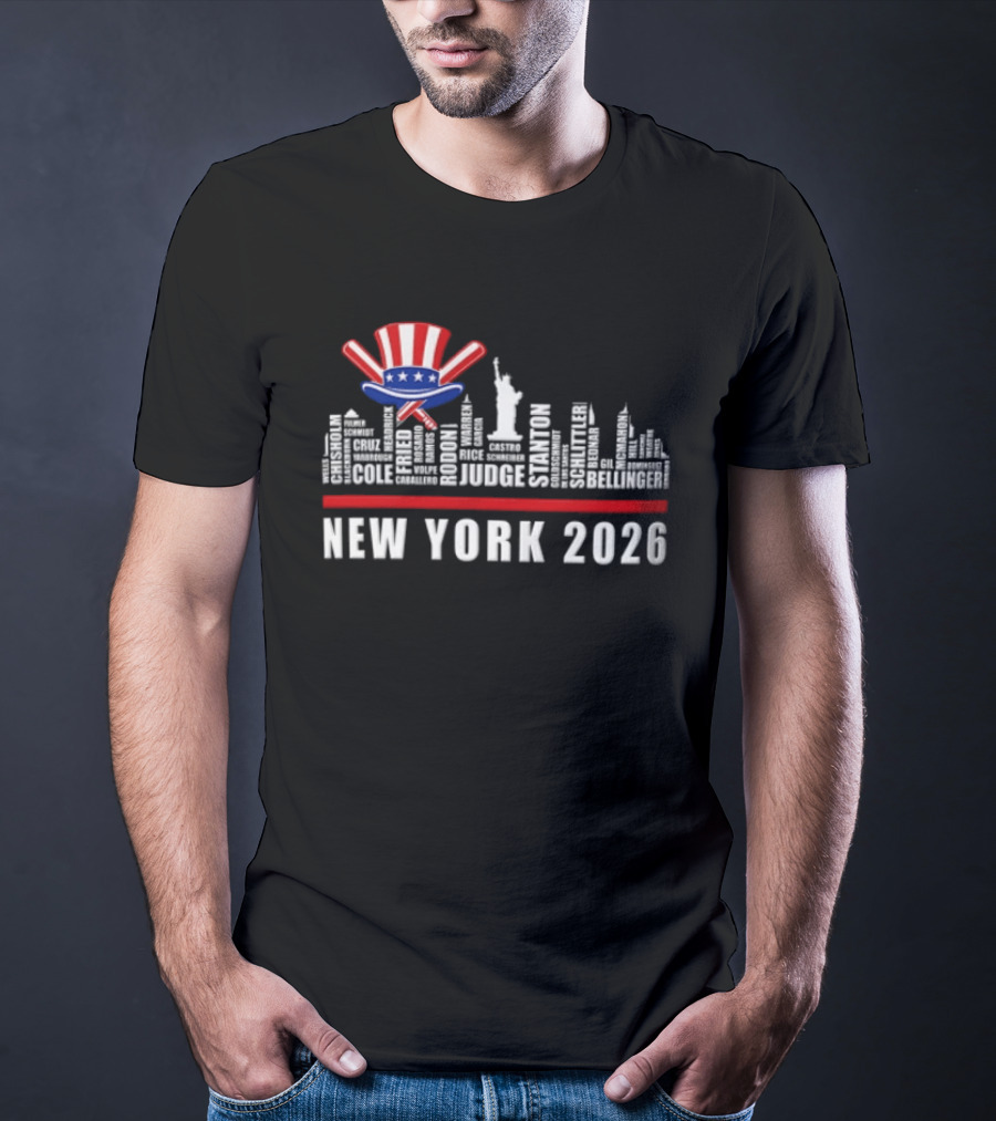 New York 2026 Yankees Baseball Skyline Statue Liberty Judge Rizzo Cabrera Torres T-Shirt