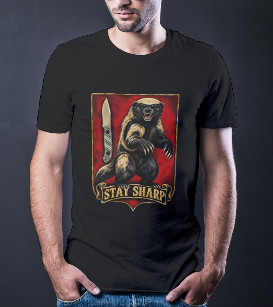 Stay Sharp Wolverine Knife Red Shield T-Shirt