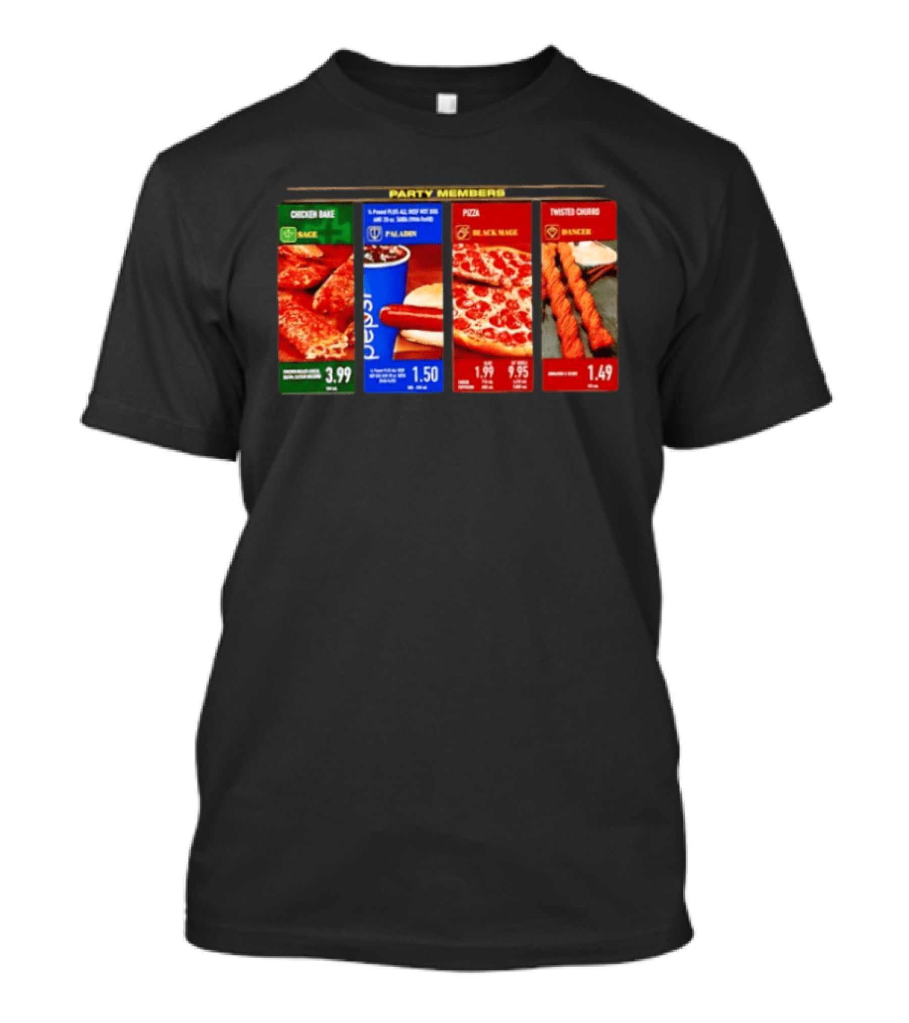 Party Members Menu Chicken Bake Sage Paladin Beverage Hot Dog Black Mage Pepperoni Pizza Dancer Twisted Churro T-Shirt