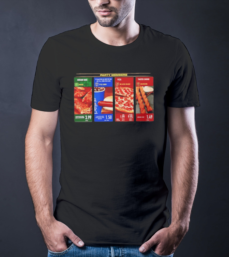 Party Members Menu Chicken Bake Sage Paladin Beverage Hot Dog Black Mage Pepperoni Pizza Dancer Twisted Churro T-Shirt
