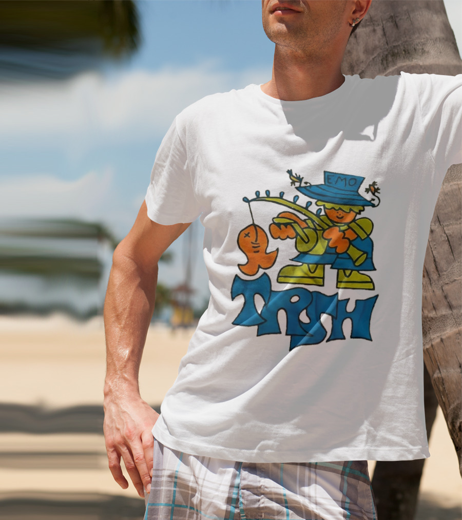 Emo Trsh Cartoon Fisherman Catching Orange Fish Wearing Blue And Green Outfit T-Shirt