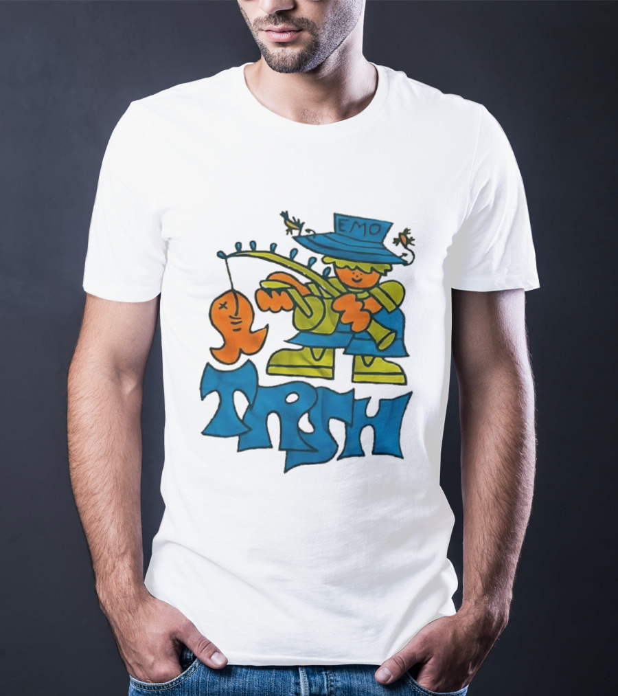 Emo Trsh Cartoon Fisherman Catching Orange Fish Wearing Blue And Green Outfit T-Shirt