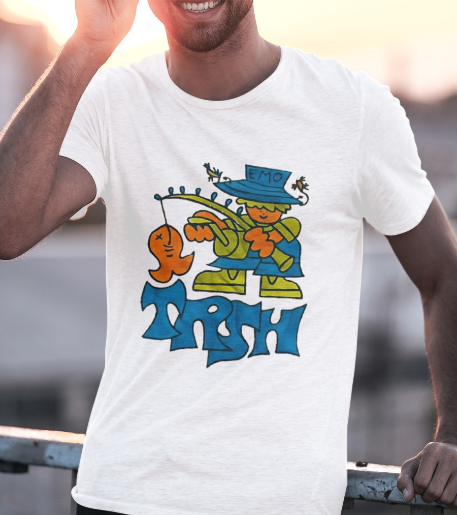 Emo Trsh Cartoon Fisherman Catching Orange Fish Wearing Blue And Green Outfit T-Shirt