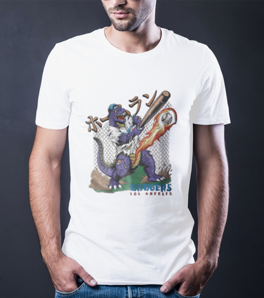 Dodgers Los Angeles Purple Dinosaur Baseball Player Batting With Flaming Ball T-Shirt