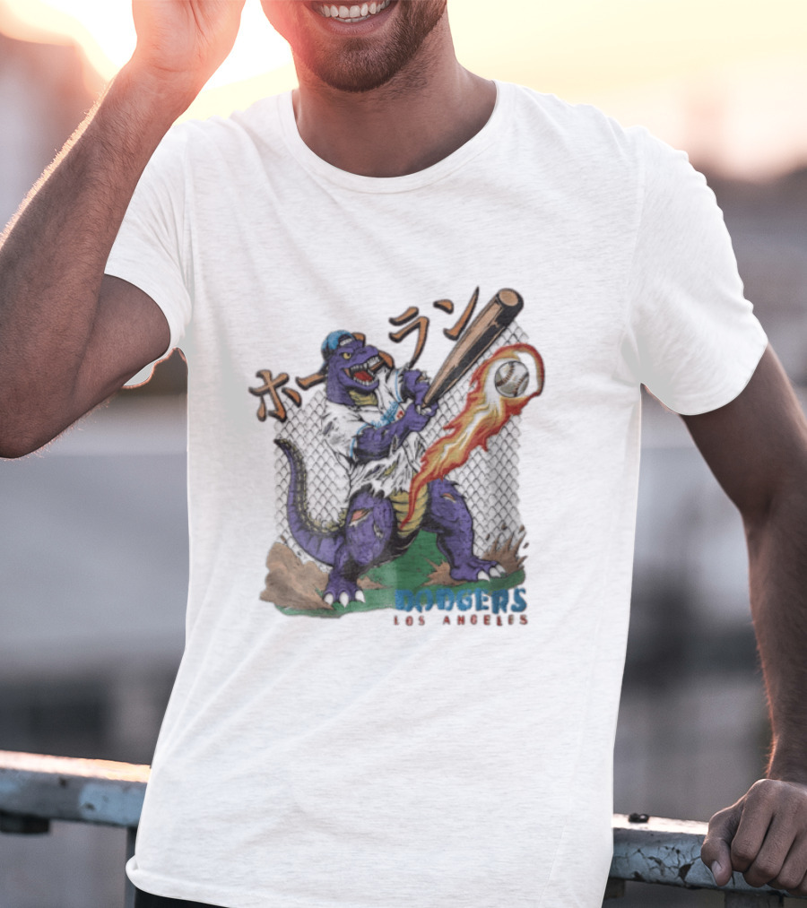 Dodgers Los Angeles Purple Dinosaur Baseball Player Batting With Flaming Ball T-Shirt