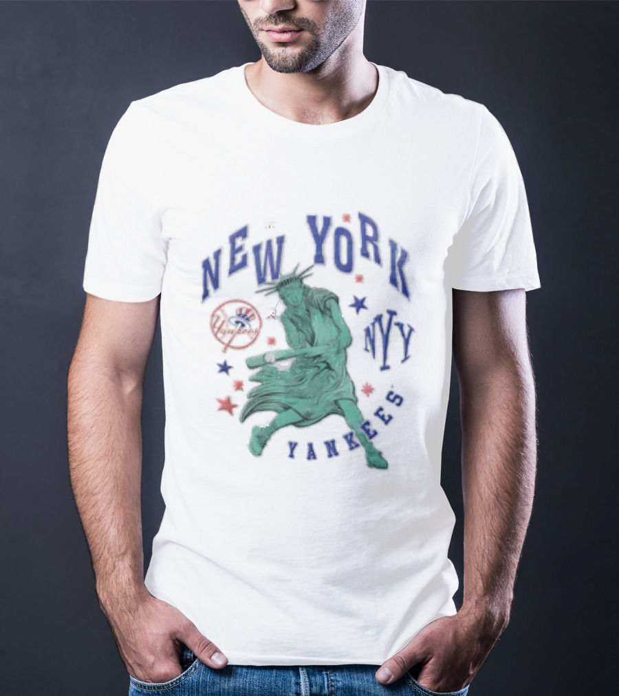 New York Yankees NYY Statue Of Liberty Swinging Baseball Bat MLB Red Stars T-Shirt