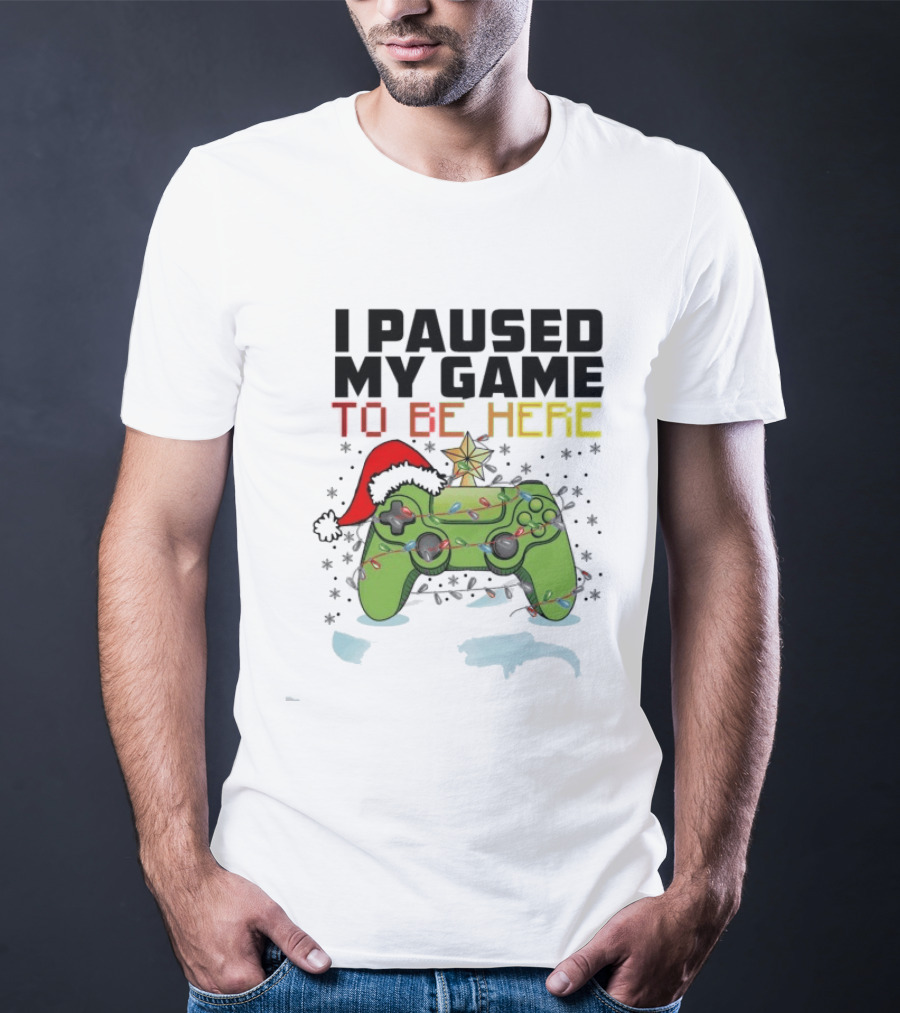 I Paused My Game To Be Here Christmas Gamer Controller Holiday Lights Santa Hat T-Shirt