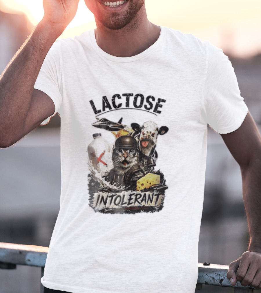 Lactose Intolerant Cat Soldier Cow Milk Cheese Jet T-Shirt