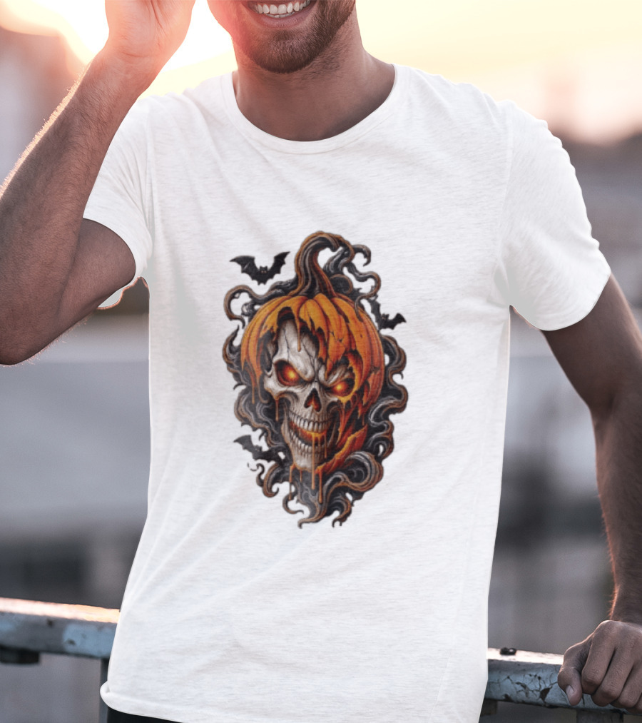 Skull Rage Halloween Pumpkin With Bats And Flames T-Shirt