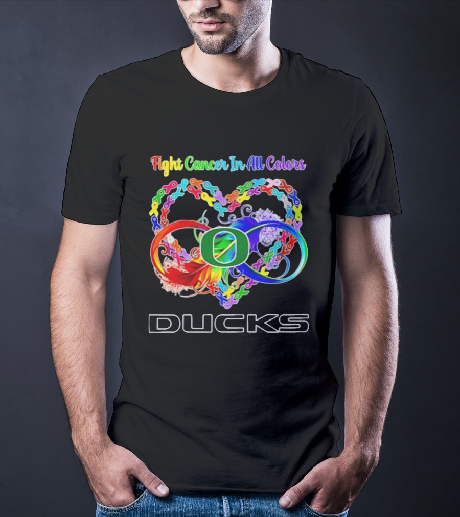 Oregon Ducks Fight Cancer In All Colors All Cancer Awareness Ribbon Heart T-Shirt
