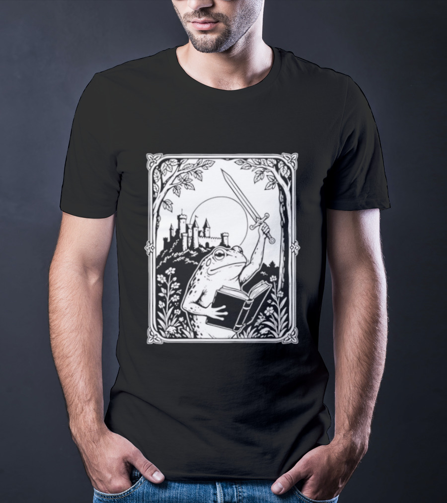 Warrior Frog Reading Book With Sword And Castle In Black And White Scene T-Shirt
