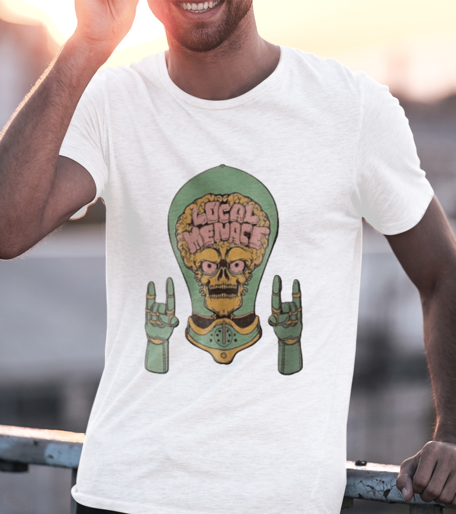 Local Menace Skull Exposed Brain Lightbulb Rock Hand Signs T-Shirt