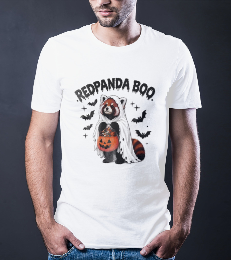 Redpanda Boo Cute Red Panda Costume With Pumpkin Candy Bucket And Bats T-Shirt