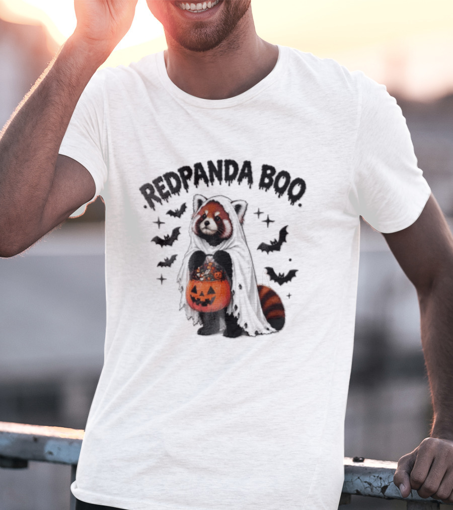 Redpanda Boo Cute Red Panda Costume With Pumpkin Candy Bucket And Bats T-Shirt