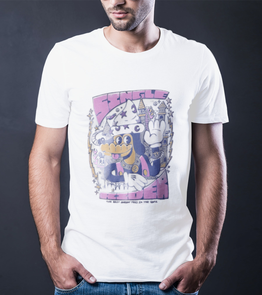 Single Rider Cartoon Dog Wizard With Hat And Spiked Collar Retro Fantasy Scene T-Shirt