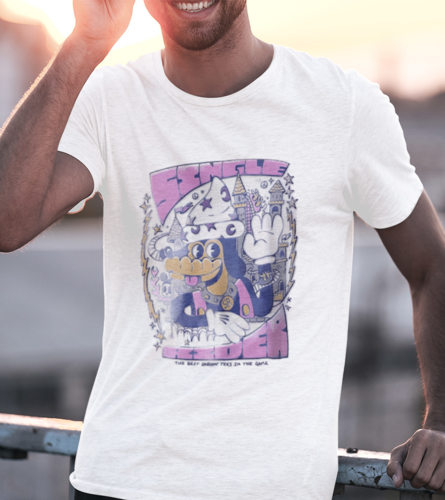 Single Rider Cartoon Dog Wizard With Hat And Spiked Collar Retro Fantasy Scene T-Shirt