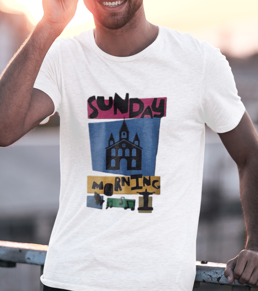 Sunday Morning Church Building Praying Hands Musical Notes Christ The Redeemer T-Shirt