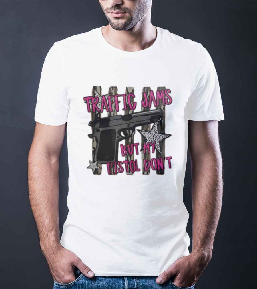 Traffic Jams But My Pistol Don't Handgun Over Stripes Leopard T-Shirt