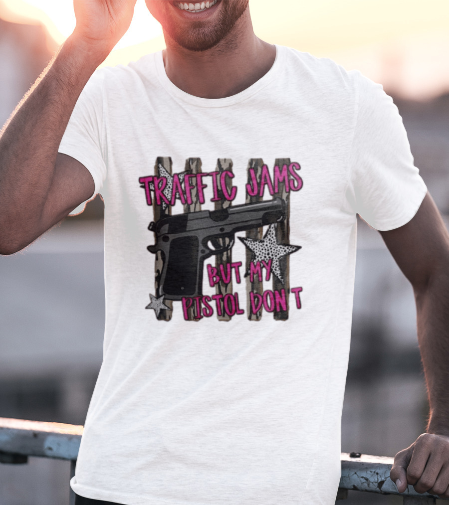 Traffic Jams But My Pistol Don't Handgun Over Stripes Leopard T-Shirt