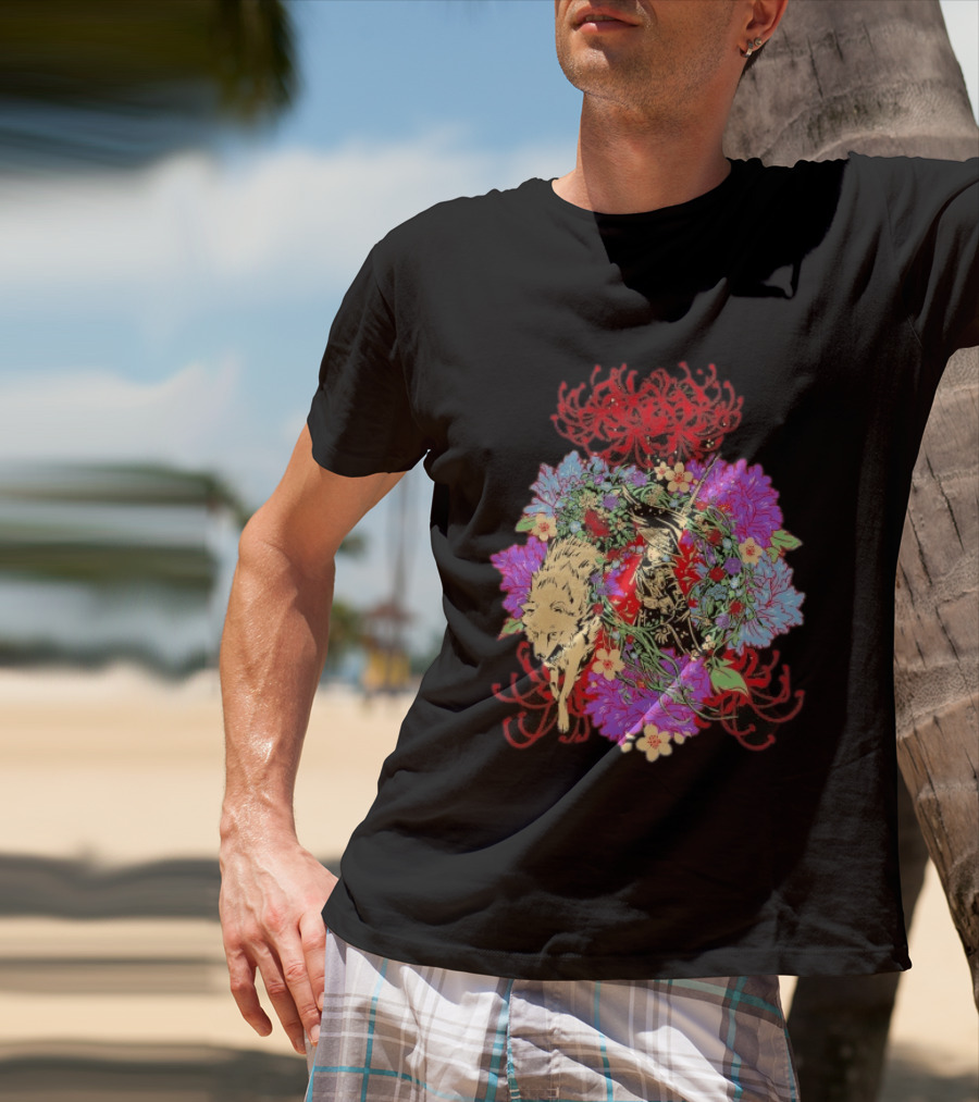 Beast Of Reincarnation Blooming Artistic Floral Samuraи Wolf Fusion T-Shirt