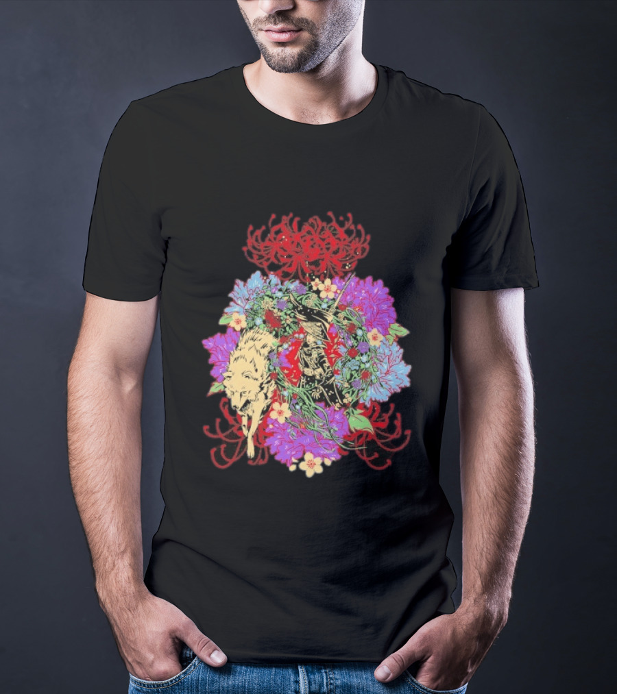 Beast Of Reincarnation Blooming Artistic Floral Samuraи Wolf Fusion T-Shirt