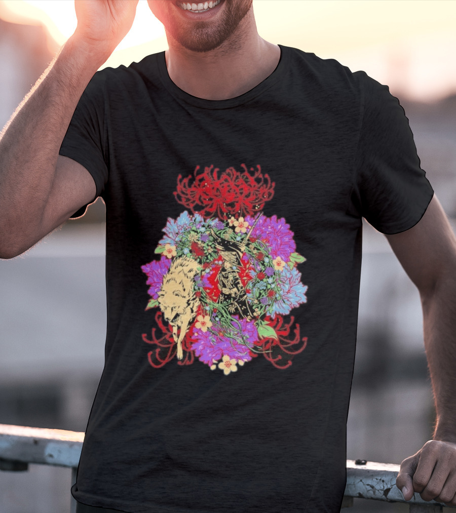 Beast Of Reincarnation Blooming Artistic Floral Samuraи Wolf Fusion T-Shirt