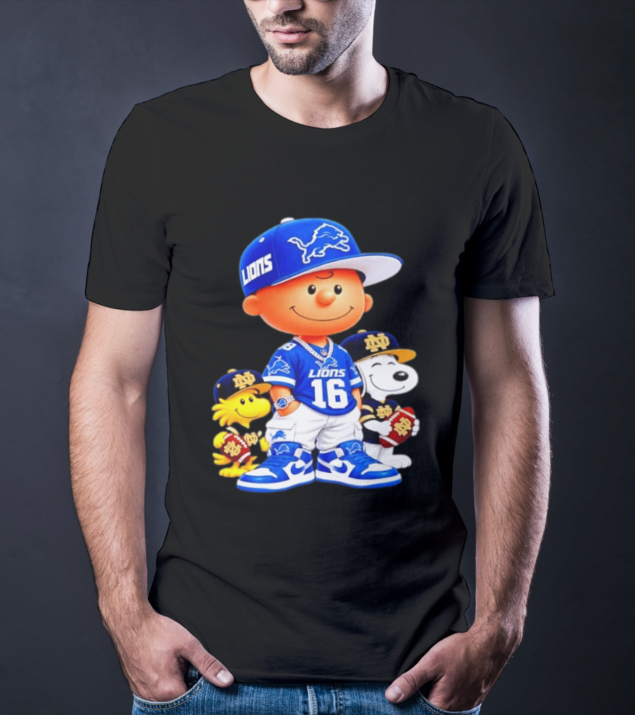 Charlie Brown Snoopy Woodstock Detroit Lions 16 Jersey Notre Dame Iconic Peanuts Characters T-Shirt