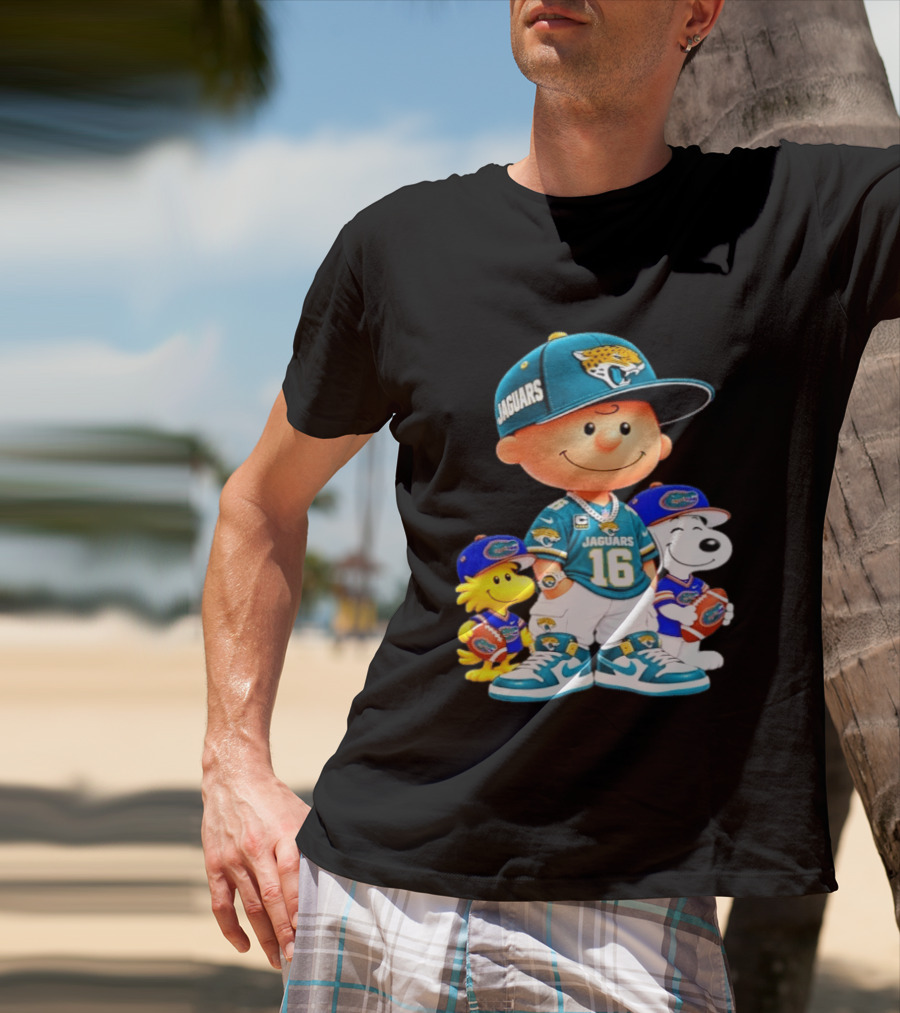Charlie Brown With Snoopy And Woodstock Jacksonville Jaguars 16 Jersey Peanuts Football Fan Gear T-Shirt