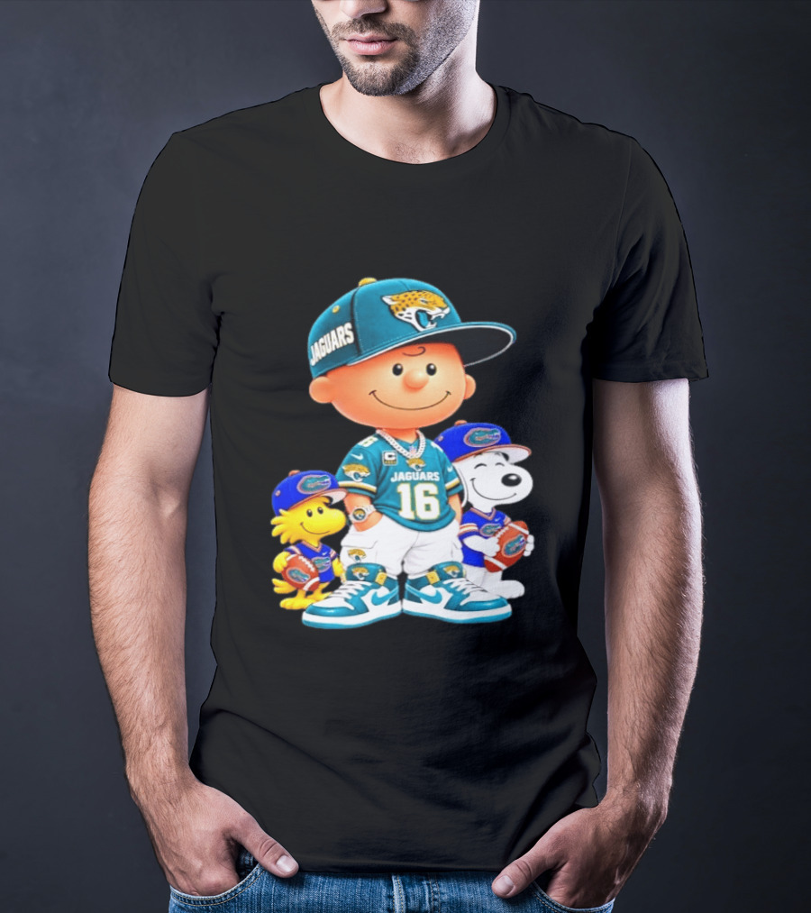 Charlie Brown With Snoopy And Woodstock Jacksonville Jaguars 16 Jersey Peanuts Football Fan Gear T-Shirt