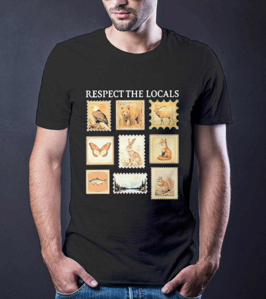 Respect The Locals Wildlife Stamp Collection With Bear Fox And Eagle T-Shirt