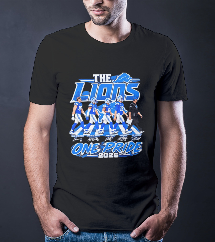 Detroit Lions The Lions One Pride Abbey Road 2026 Aidan Hutchinson Jahmyr Gibbs Jared Goff Dan Campbell T-Shirt