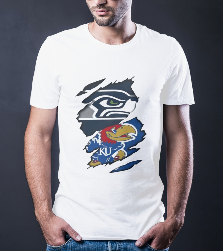 Seattle Seahawks And Kansas Jayhawks Torn Fabric Football And Basketball Fan Merchandise T-Shirt
