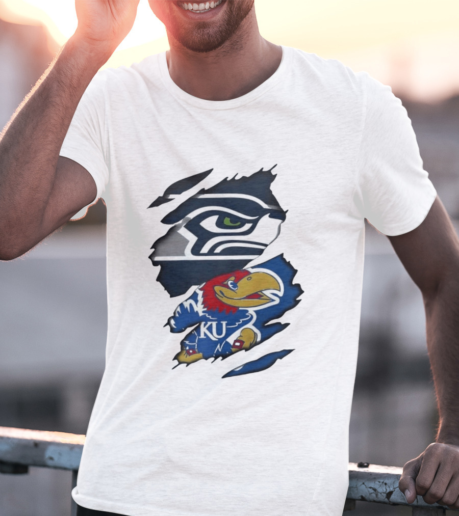 Seattle Seahawks And Kansas Jayhawks Torn Fabric Football And Basketball Fan Merchandise T-Shirt