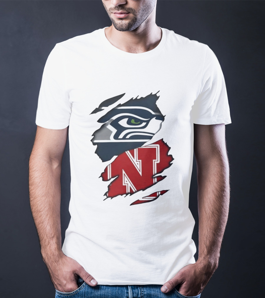 Seattle Seahawks And Nebraska Cornhuskers Split Torn Fabric Blend T-Shirt