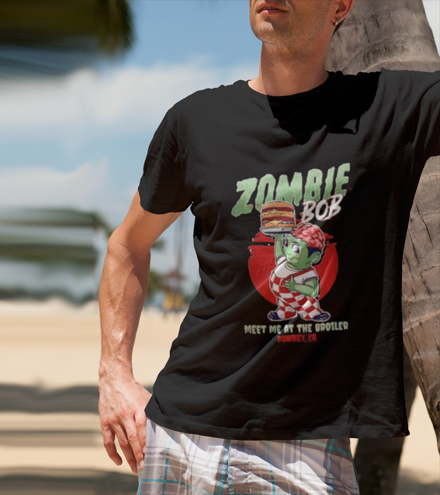 Zombie Bob Meet Me At The Broiler Downey CA Green With Exposed Brain T-Shirt