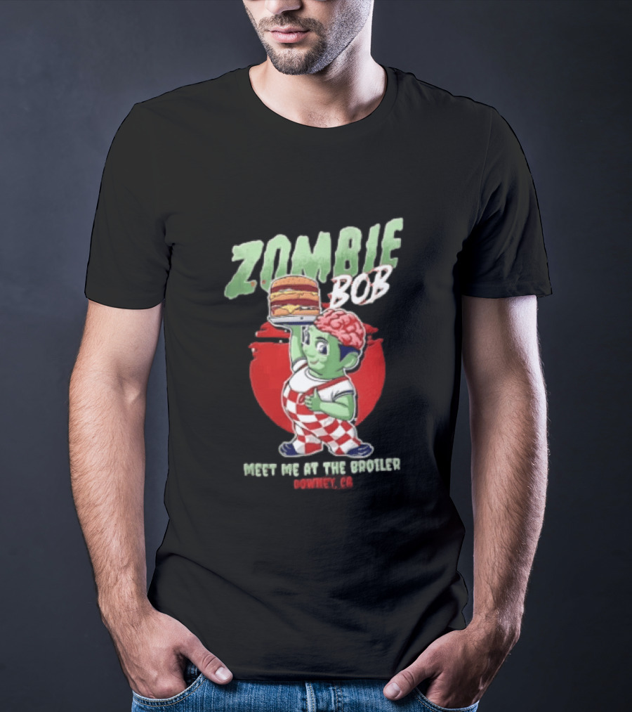 Zombie Bob Meet Me At The Broiler Downey CA Green With Exposed Brain T-Shirt