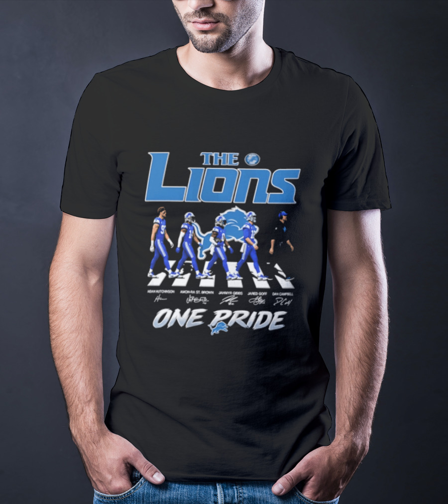 The Lions One Pride Aidan Hutchinson Amon Ra St. Brown Jahmyr Gibbs Jared Goff Dan Campbell T-Shirt