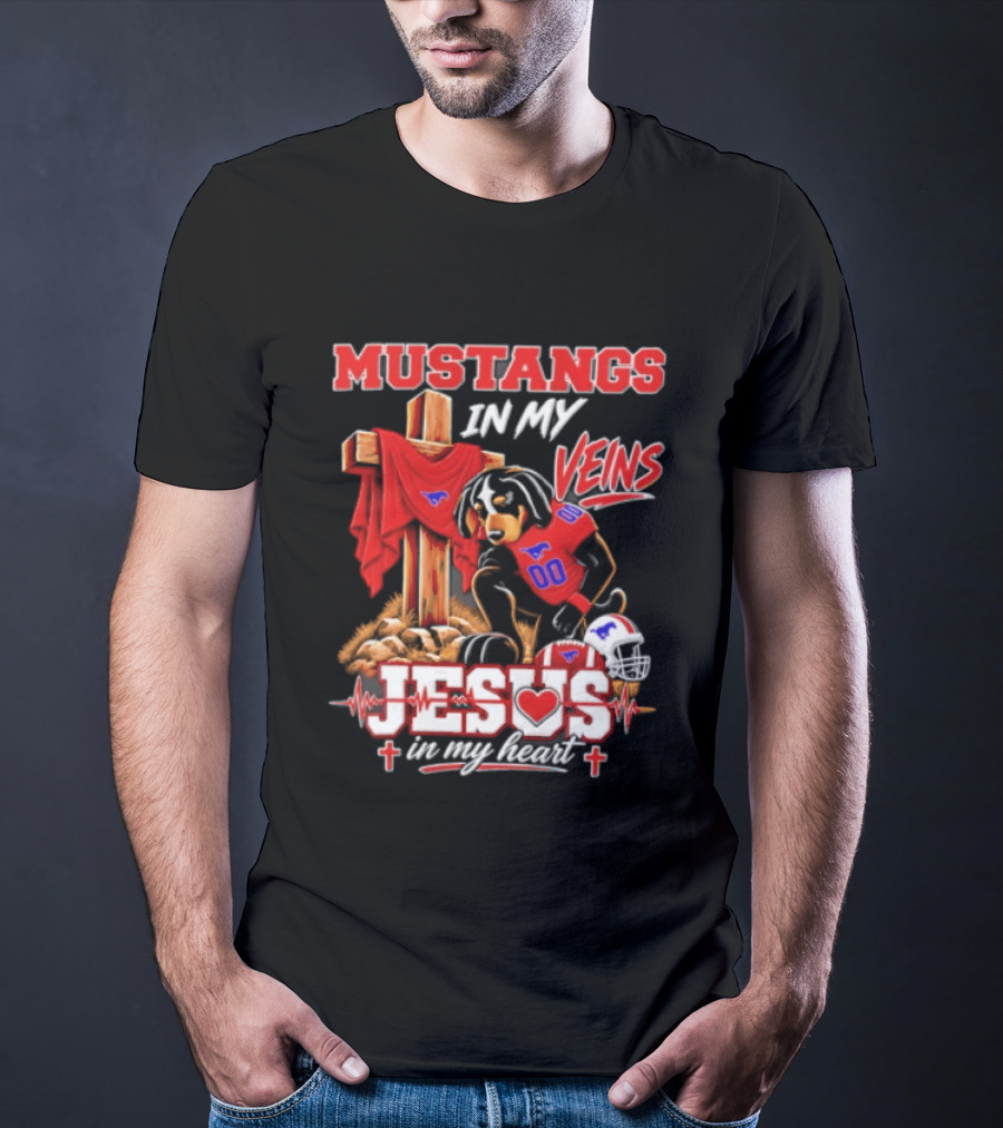 Mustangs In My Veins Football Faith Jesus In My Heart T-Shirt