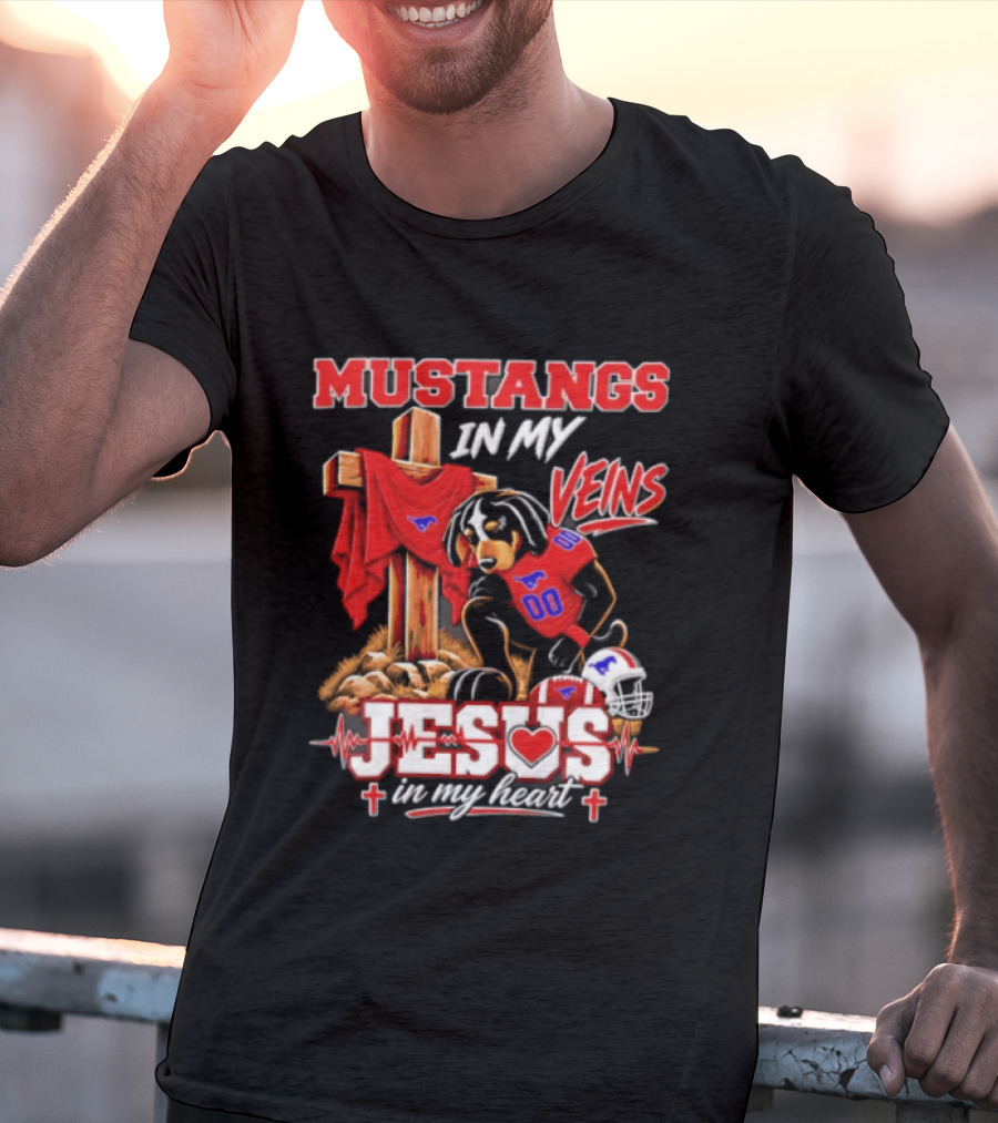 Mustangs In My Veins Football Faith Jesus In My Heart T-Shirt