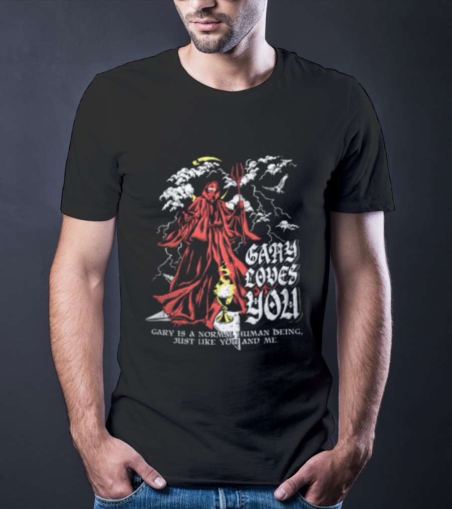 Gary Loves You Gary Is A Normal Human Being Just Like You And Me Red Cloaked Figure With Lightning And Clouds T-Shirt