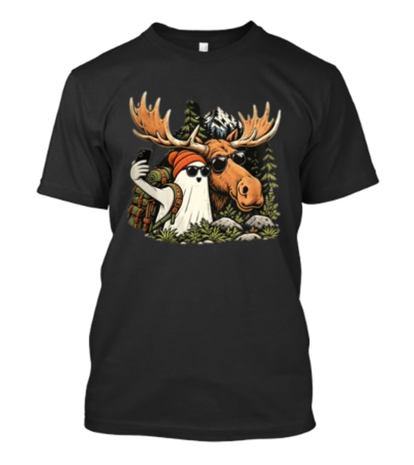 Ghost Backpack Selfie With Moose In Forest Adventure Scene T-Shirt