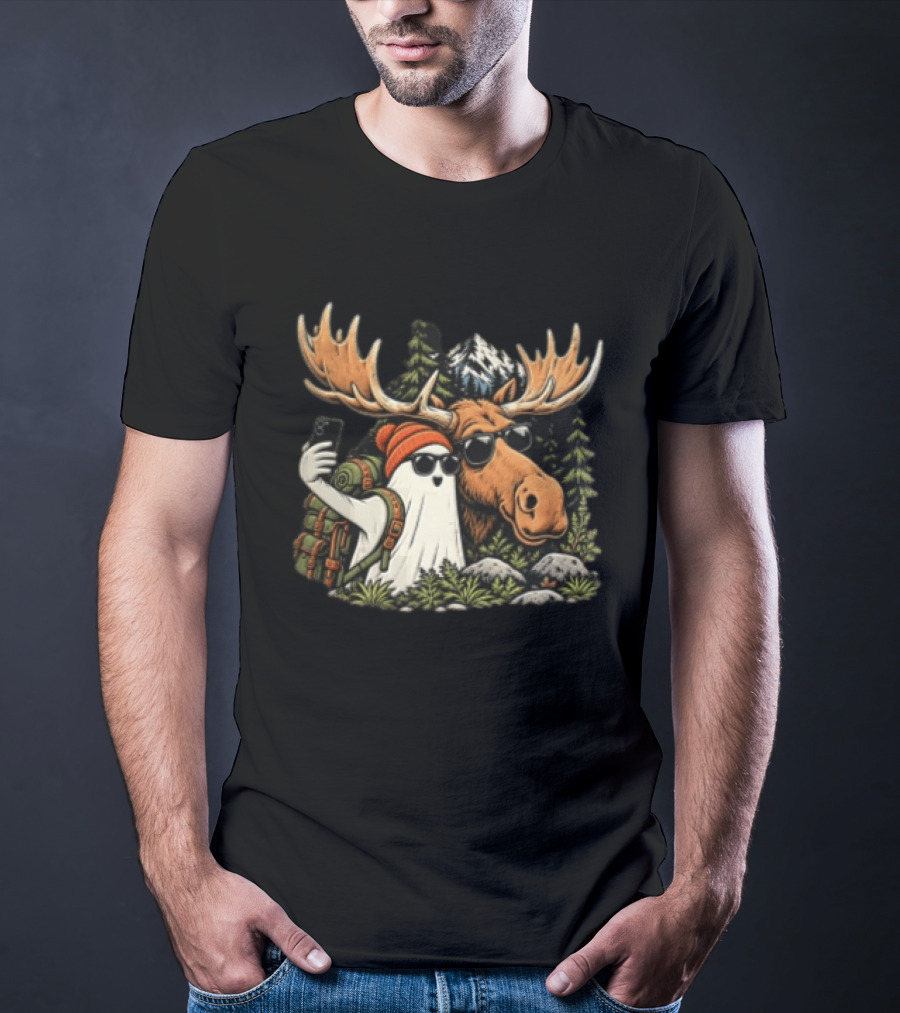 Ghost Backpack Selfie With Moose In Forest Adventure Scene T-Shirt