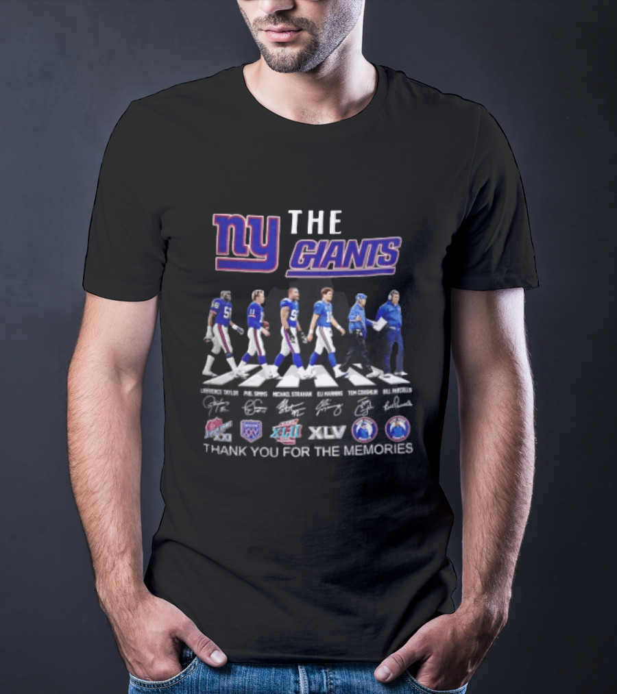 New York Giants Legends Lawrence Taylor Phil Simms Michael Strahan Eli Manning Tom Coughlin Bill Parcells Thank You For The Memories T-Shirt