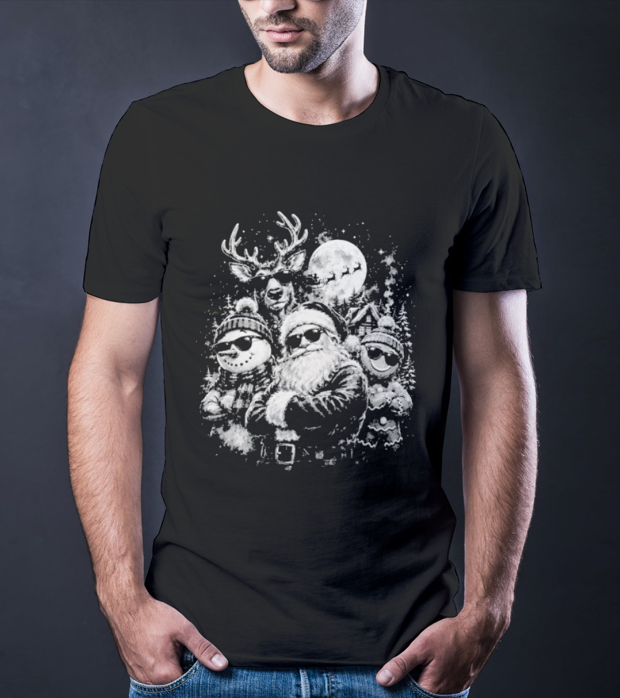 Santa Claus Reindeer Snowman Gingerbread Man Christmas Holidays Moon T-Shirt