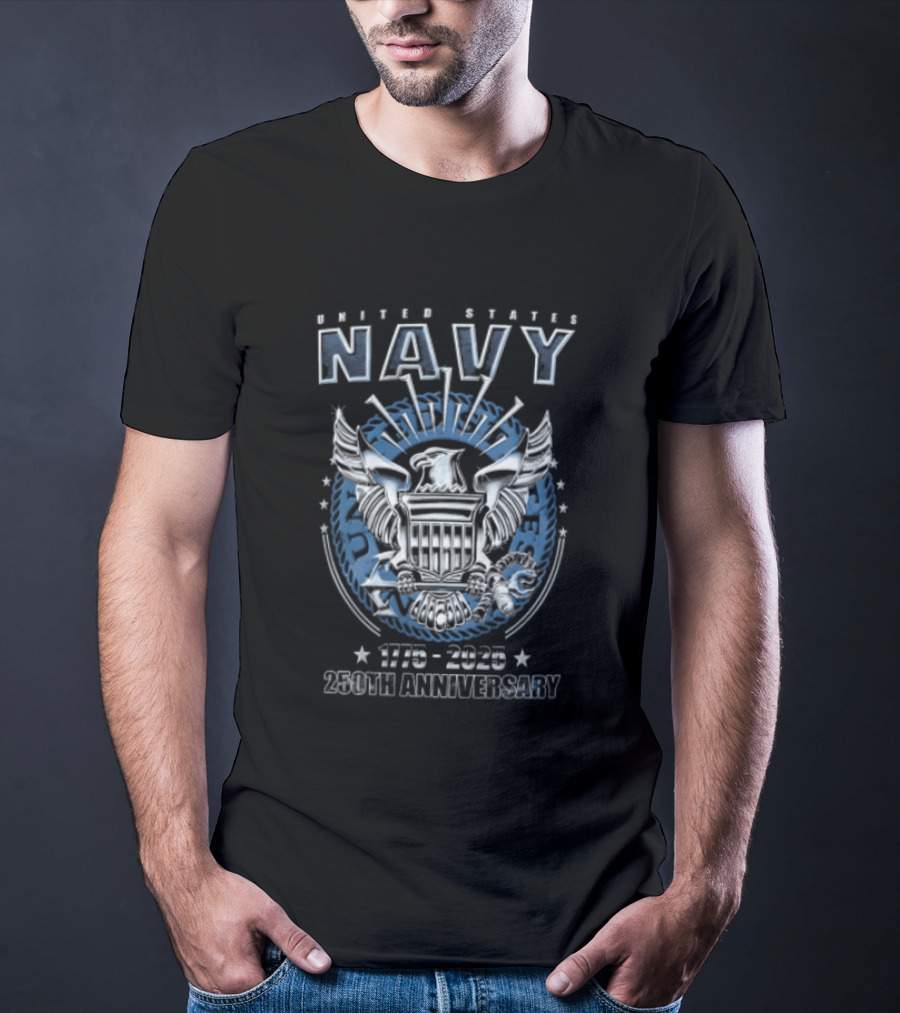 United States Navy 1775 2025 250th Anniversary Silver Eagle Holding Shield T-Shirt