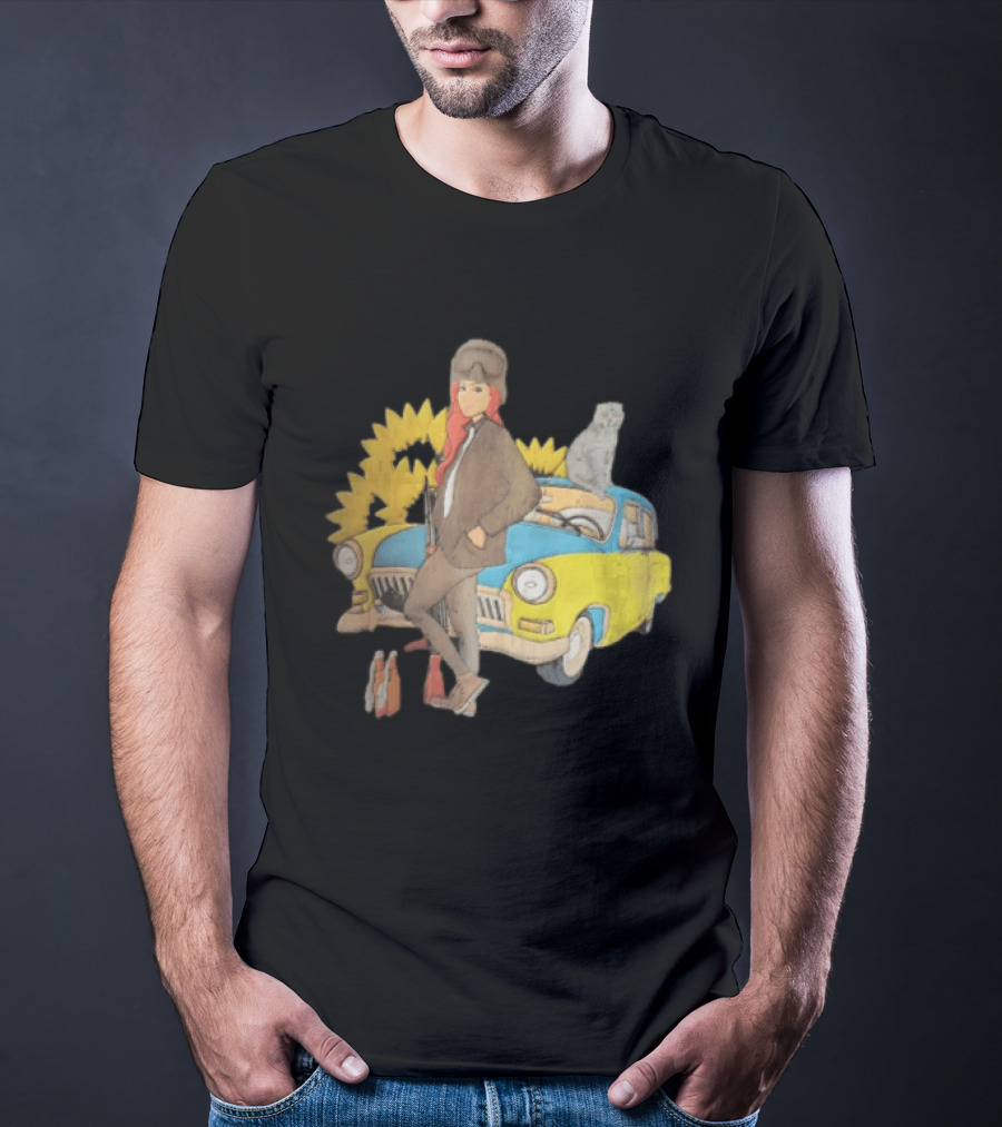 Woman Soldier With Cat On Vintage Car And Sunflowers T-Shirt