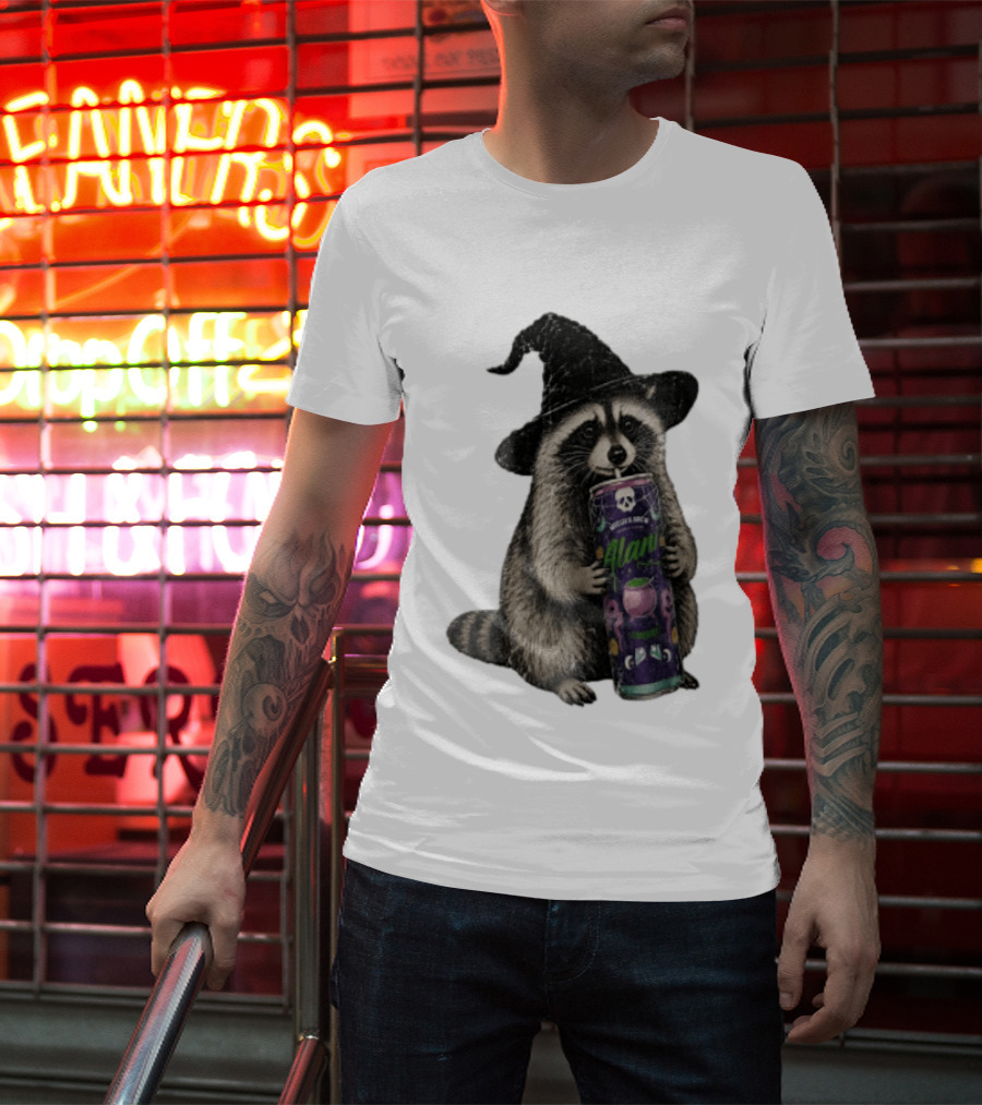 Alani Witches Brew Raccoon Witch Hat Can Holding T-Shirt