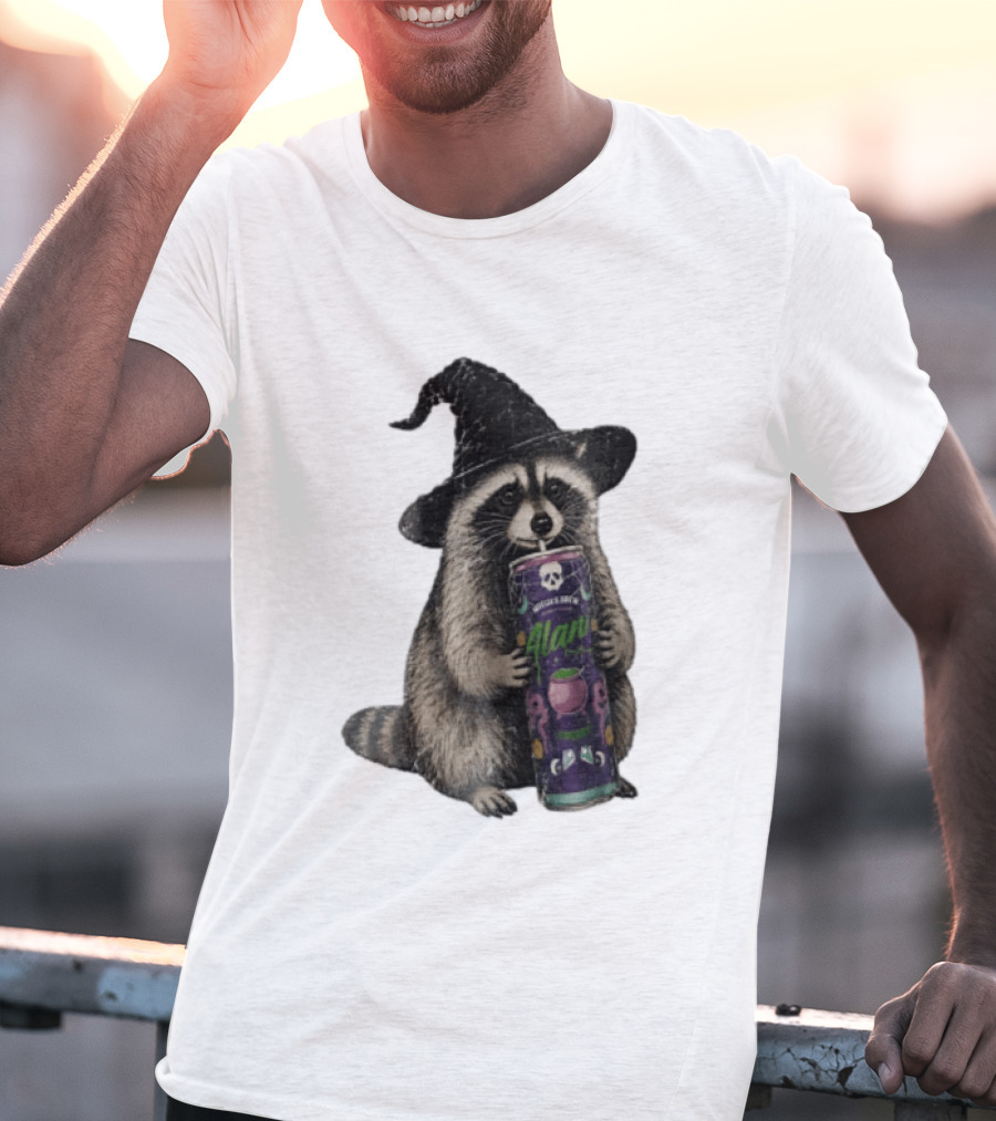 Alani Witches Brew Raccoon Witch Hat Can Holding T-Shirt