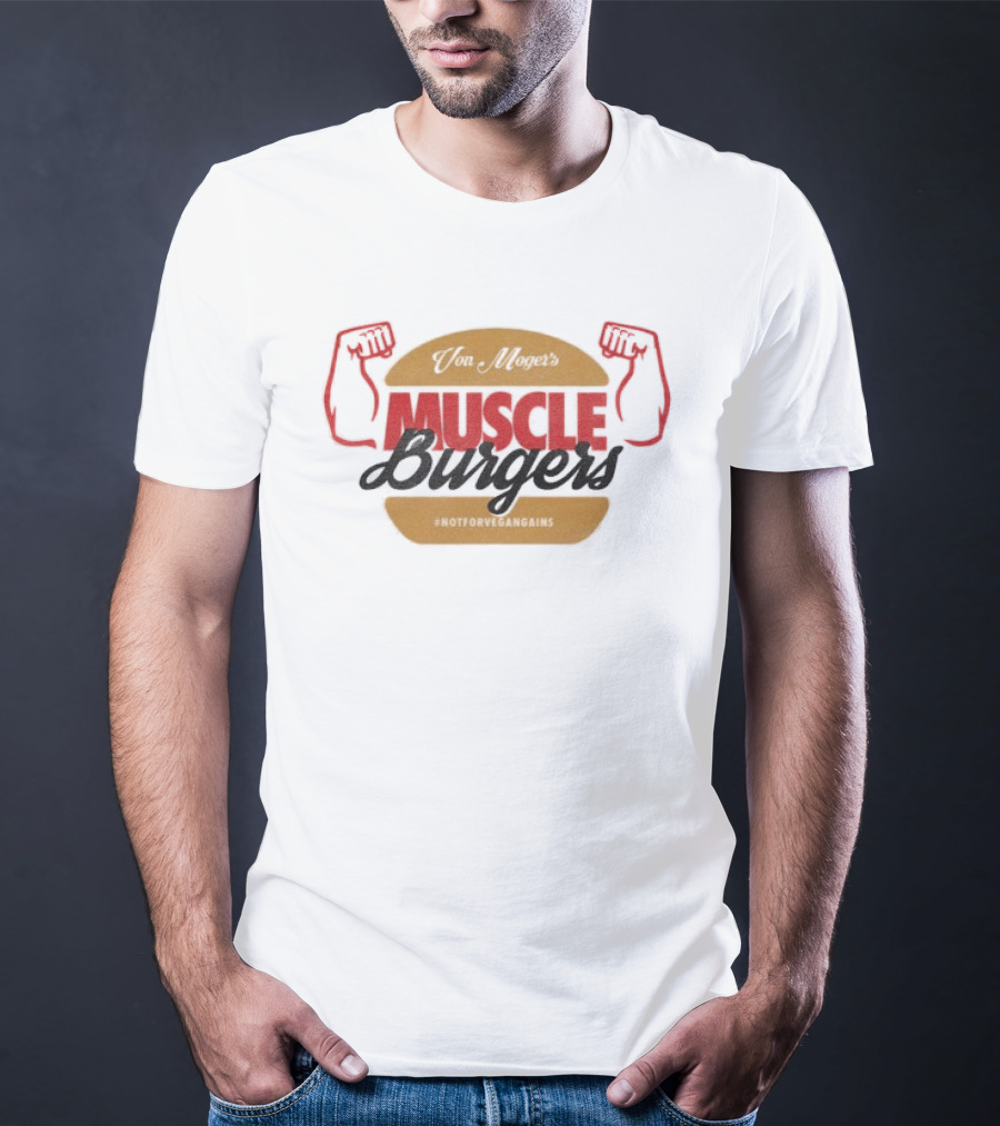 Calum Von Moger Muscle Burgers Flexing Arms Brown And Red Burger T-Shirt