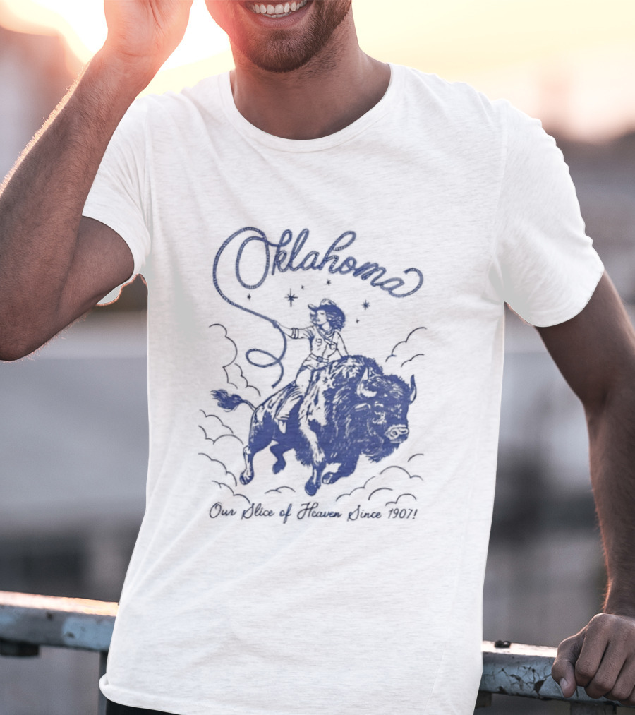 Oklahoma Our Slice Of Heaven Since 1907 Cowgirl Riding Buffalo T-Shirt